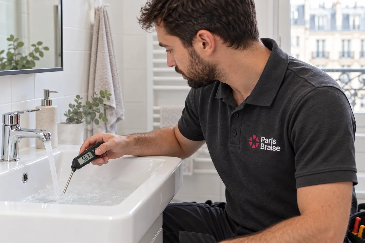Chauffagiste mesurant la température de l'eau chaude au robinet d'une salle de bains