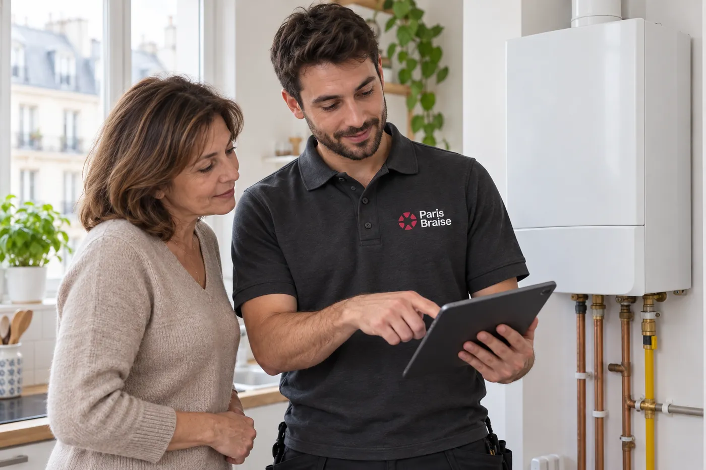 Chauffagiste Paris Braise expliquant sur tablette le contrôle de la chaudière à une habitante