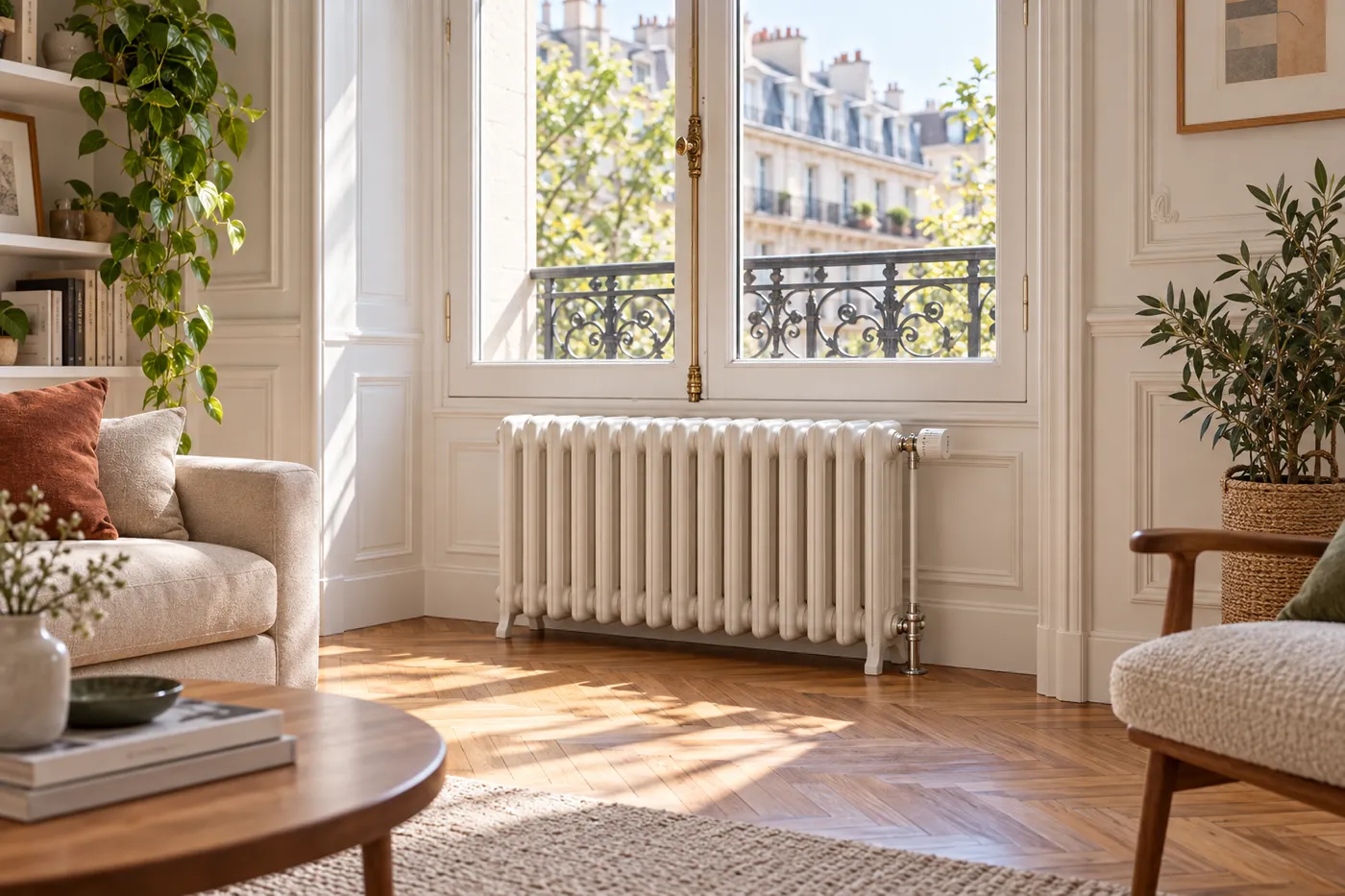 Radiateur en fonte sous la fenêtre d'un appartement haussmannien à Paris